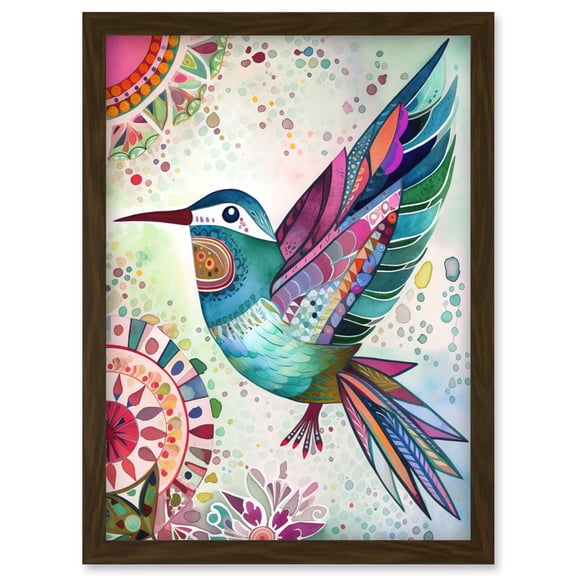 Hummingbird With Multicolour Mandala Patterns Folk Art Watercolour Painting Artwork Framed Wall Art Print A4