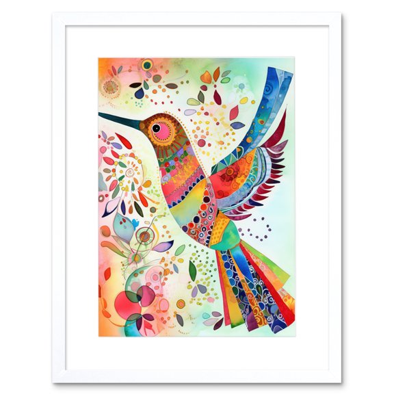 Hummingbird With Multicolour Pattern Feathers Folk Art Watercolour Painting Artwork Framed Print Wall Art 9X7 Inch