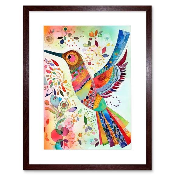 Hummingbird With Multicolour Pattern Feathers Folk Art Watercolour Painting Artwork Framed Print Wall Art 9X7 Inch