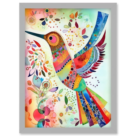 Hummingbird With Multicolour Pattern Feathers Folk Art Watercolour Painting Artwork Framed Wall Art Print A4