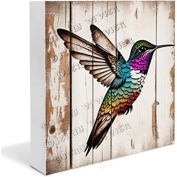 Hummingbird Wooden Box Sign Hummingbird Gifts Funny Hummingbird Decor for Bathroom Shabby Chic Decor Shelf Decor for Office Wood Block Signs For Shelf Desk Decoration 7x7 In