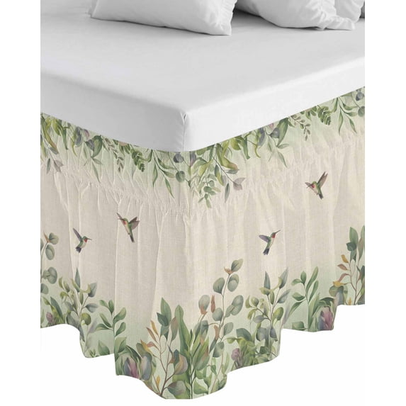 Hummingbird Wrap Around Bed Skirts for King Bed 18" Drop,Bed Skirt with Adjustable Elastic Belt Dust Ruffle Bed Valance for Bedroom Hotel Sage Green Botanical Leaf Vintage Botanical Bed Frame Cover