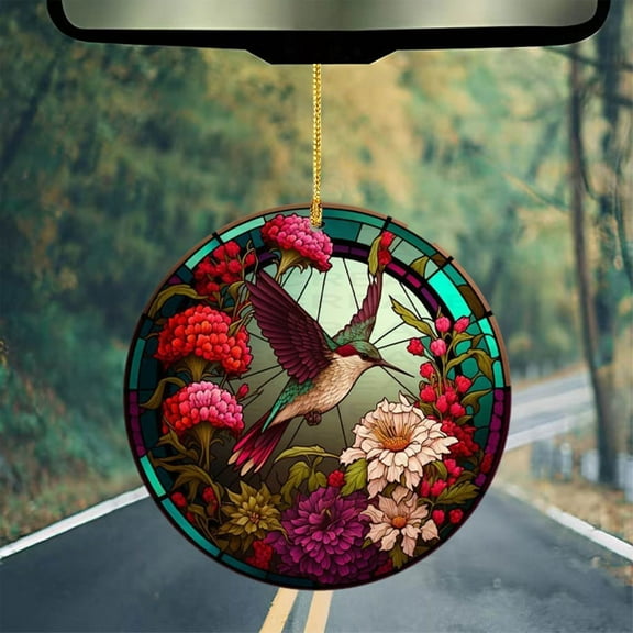 Hummingbird Wreath Car Pendant, 2D Acrylic Hummingbird Car Interior Hanging Accessories, Hanging Stained Glass for Windows, Car Rear View Mirror Hanging Ornament, Home Hanging Ornament