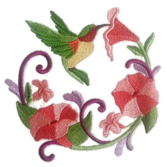 Hummingbird Wreath Embroidered Iron on/Sew Patch [5" X 5"]