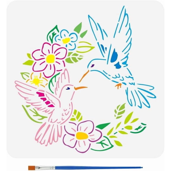 Hummingbird Wreath Stencil for Painting 11.8x11.8inch with Paint Brush Hollowed Hummingbird Pattern Drawing Template Plastic PET Flower Wreath Stencil Animal Theme Template for Decor Making DIY