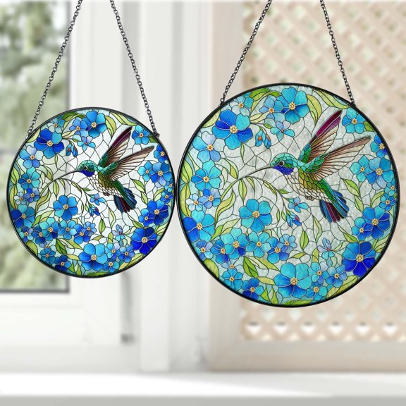 Hummingbird among Forget me not flowers GLASS suncatcher Hanging, Hummingbird Window hanging, Suncatcher ornament, Housewarming gift, Garden Gift, Hummingbird Suncatcher Home Décor