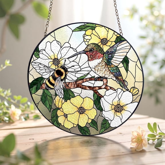 Hummingbird and Bee Flower Glass Suncatcher, Bee Ornament, Bird Art, for Mom, Indoor Decor, Memory Sympathy, 3.5 in