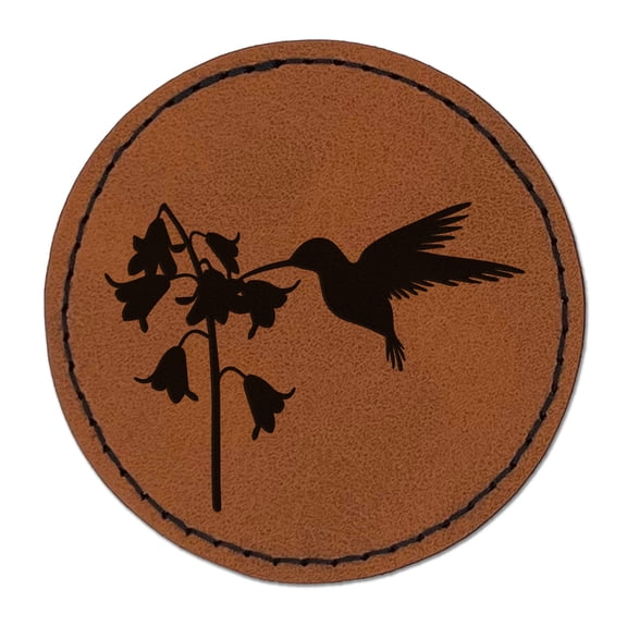 Hummingbird and Flower 2.5" Faux Leather Round Engraved Iron-On Patch - Brown