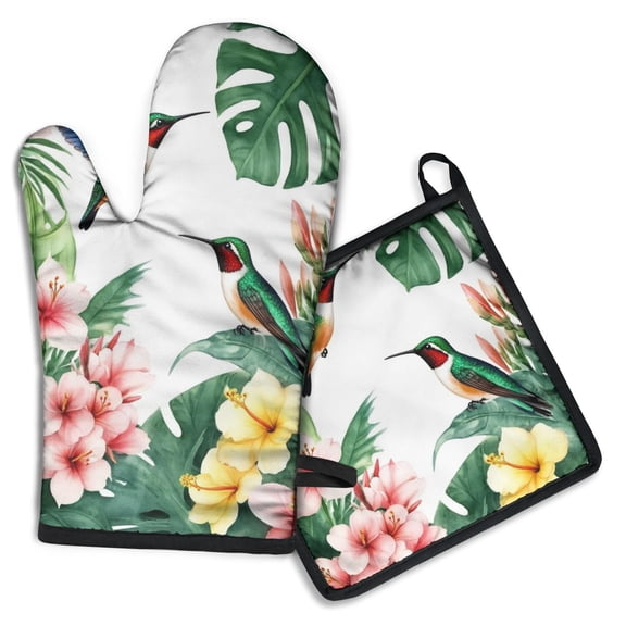 Hummingbird and Flower Kitchen Oven Mitt and Pot Holder Sets 2 Pcs for Baking, Cooking and Grilling, Heat Resistant Up To 392 °F