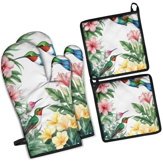 Hummingbird and Flower Kitchen Oven Mitt and Pot Holder Sets 4 Pcs for Baking, Cooking and Grilling, Heat Resistant Up To 392 °F