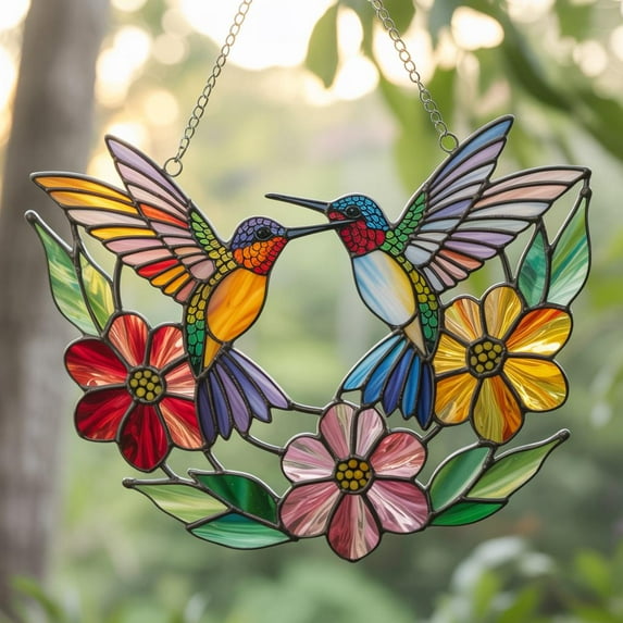 Hummingbird and Flower Suncatcher, Two Hummingbirds with Colorful Floral Wreath, Acrylic Bird Window Hanging, Hummingbird Lover Gift