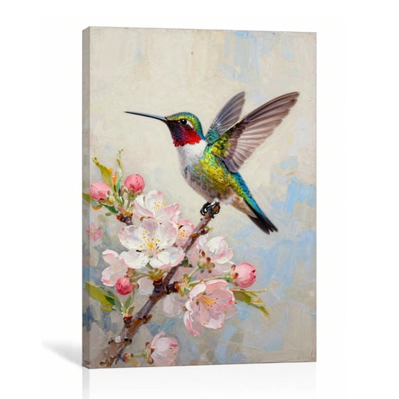 Hummingbird and Flowers Canvas Print, Colorful Botanical Bird Wall Decor, 12"L x 18"W