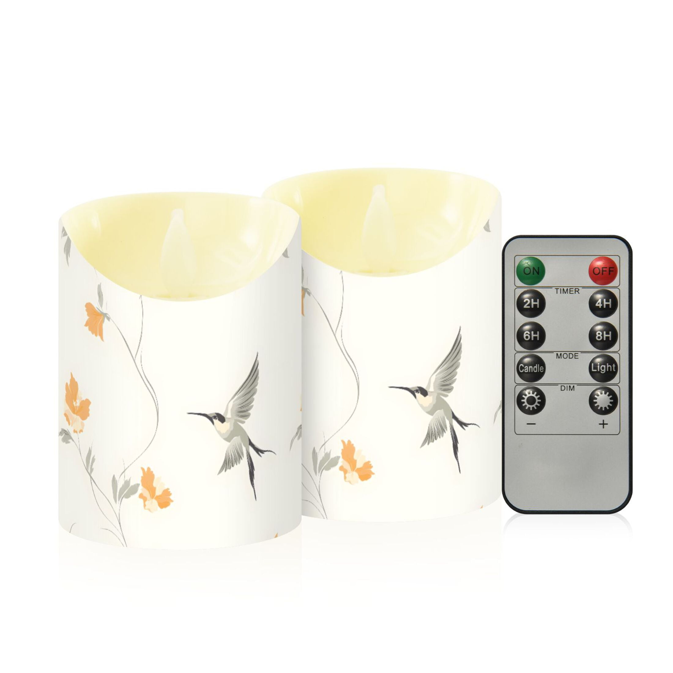Hummingbird and Flowers Flameless Candles 2 PCS with Remote Realistic Moving Flame LED Tapered Pillar Set for Home Decor