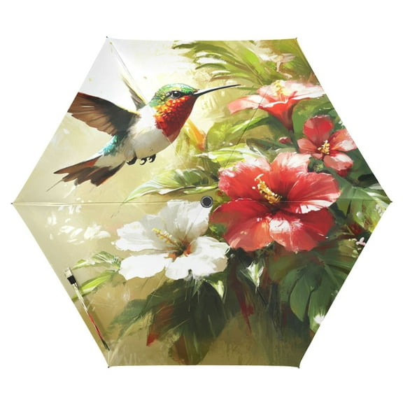 Hummingbird and Hibiscus Folding Umbrella UV50+ Waterproof Sun Protection Auto Open Close Compact Fiberglass Frame