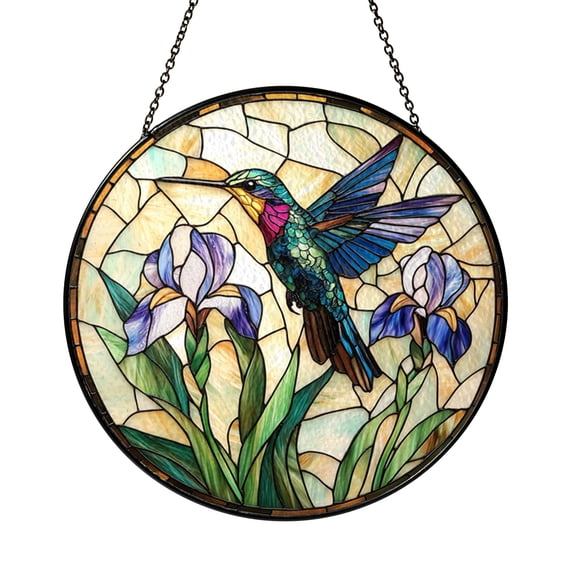 Hummingbird and Iris Stained Glass Suncatcher Botanical Window Decor for Home Display