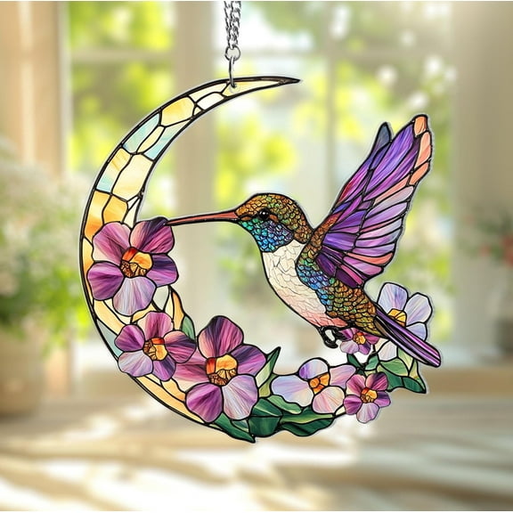 Hummingbird and Lilac Branch Wavy Acrylic Suncatcher, Nature Faux Wavy Acrylic Window Hanging, Bird Lover Gift, Garden Decor Gift for Mom