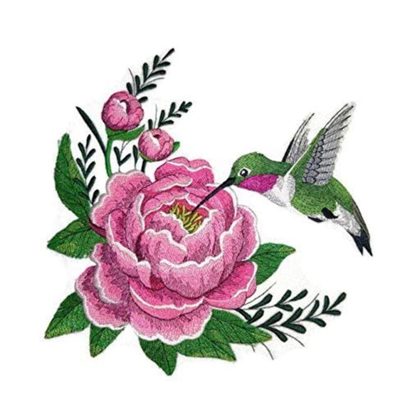 Hummingbird and Peony Embroidered Iron on/Sew patch [10" X 9.8"]