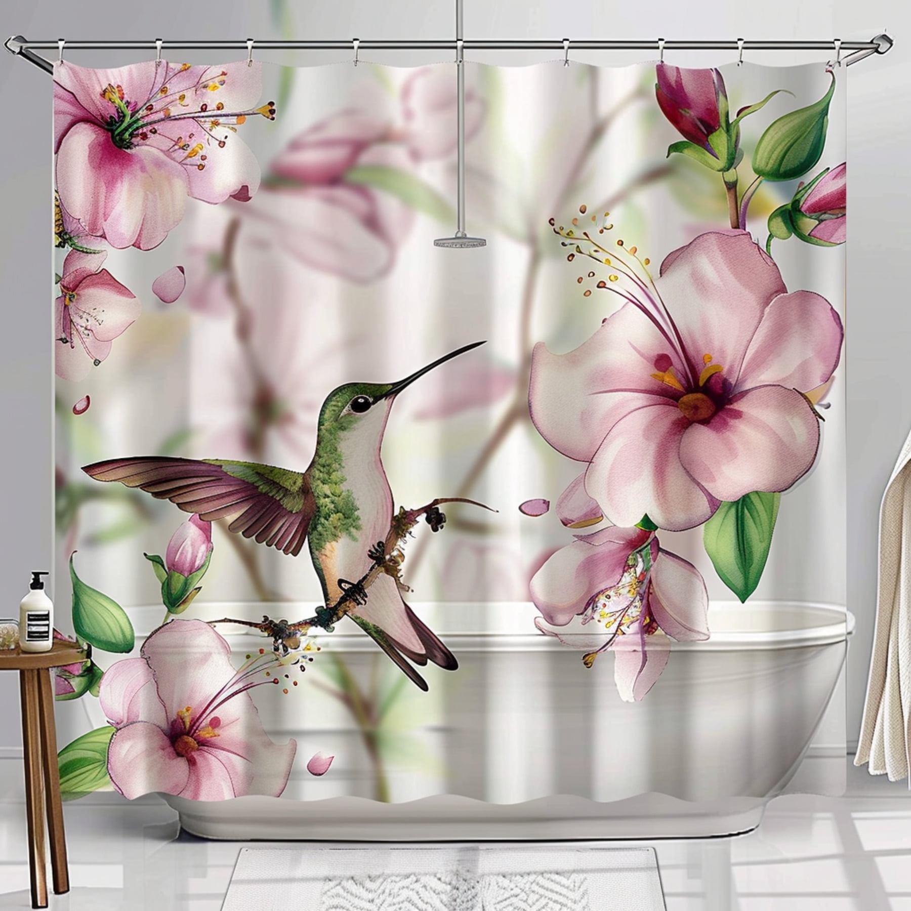 Hummingbird and Pink Floral Bathroom Decor Set White Background Shower