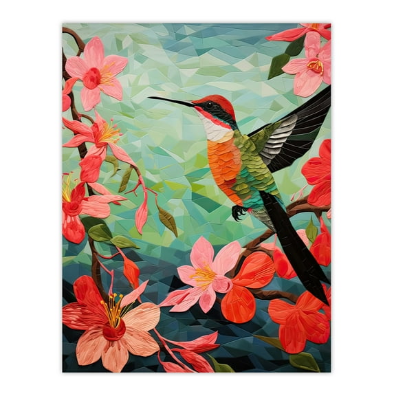 Hummingbird and Pink Hibiscus Flowers Colourful Textile Quilt Design with Spring Blooms Unframed Wall Art Print Poster Home Decor Premium