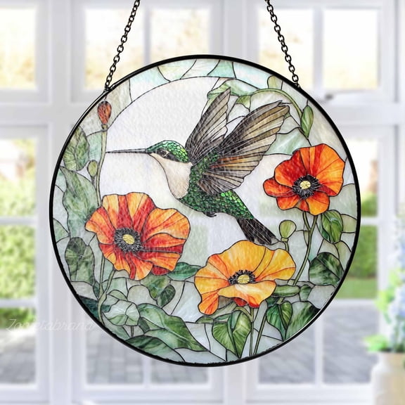 Hummingbird and Poppy Stained Glass Suncatcher, Floral Bird Window Hanging, Gift Ornament for Mom & Home Decor