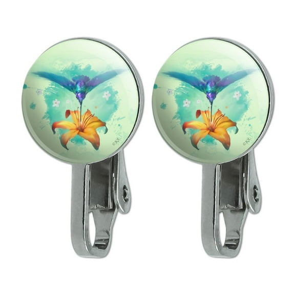 Hummingbird and Tiger Lily Flower Novelty Clip-On Stud Earrings