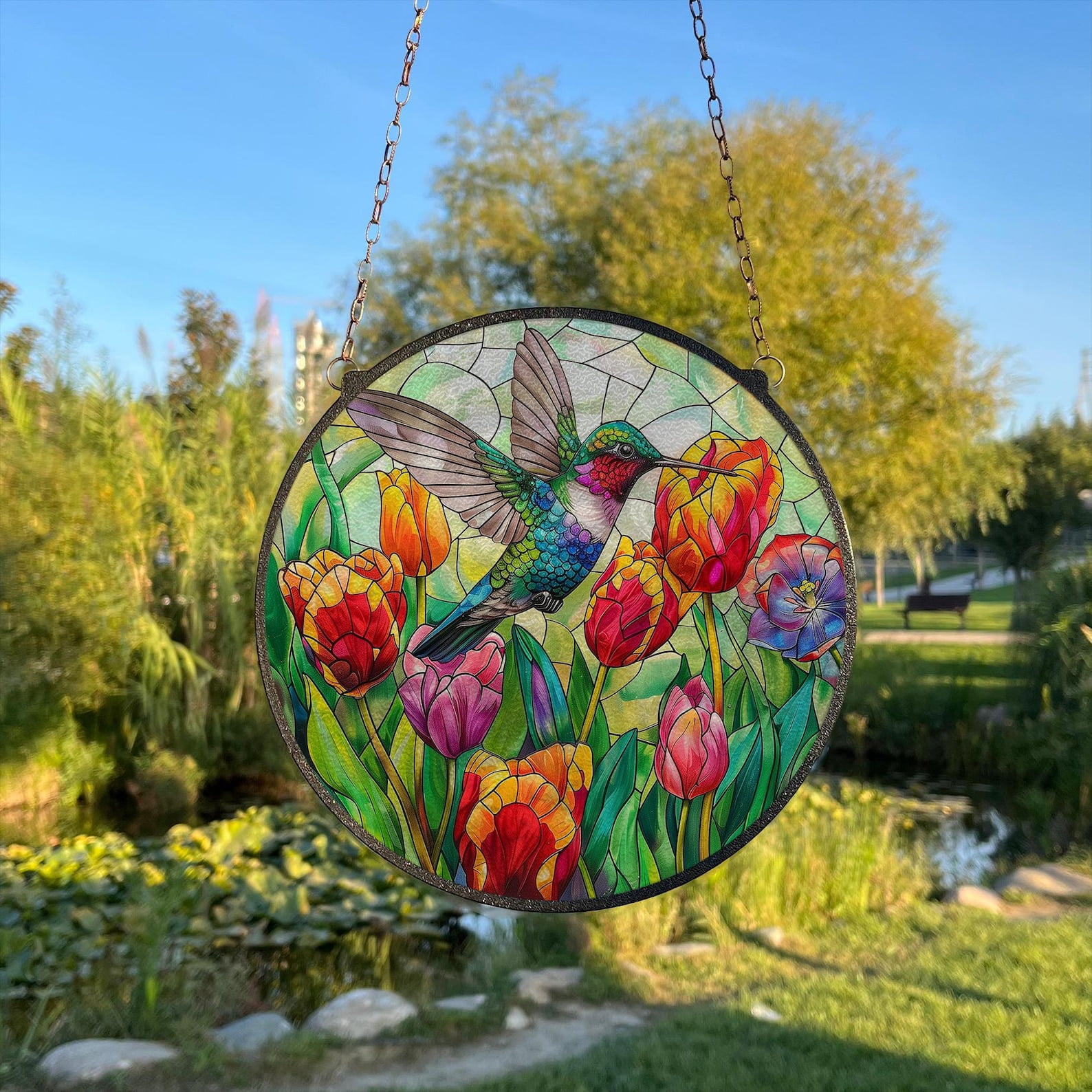 Hummingbird and Tulips Painted Stained Glass Suncatcher, Window Hanging