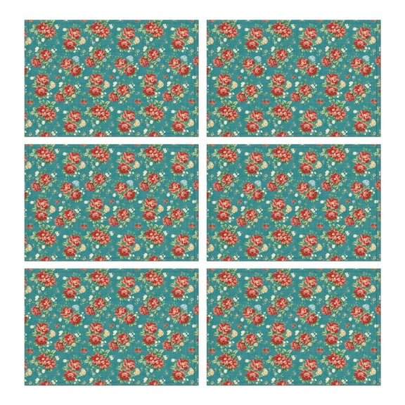 Hummingbird and Wildflower Bloom Table Mats, Wrinkle Free and Heat Resistant Flax Placemats for Country Rustic Summer Dining Table, Set of 6