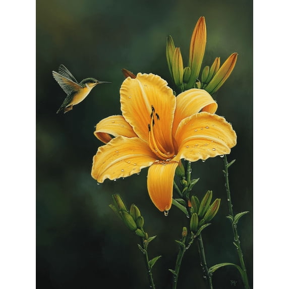 Hummingbird and Yellow Lily Canvas Print, Wall Art for Living Room Bedroom Dining Room Entryway Office Hotel