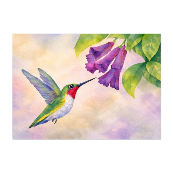 Hummingbird at Sunset - Painting Bird Watercolor Floral Nature Wildlife Illustration Botanical Unframed Wall Art Print 32 x 48 inches