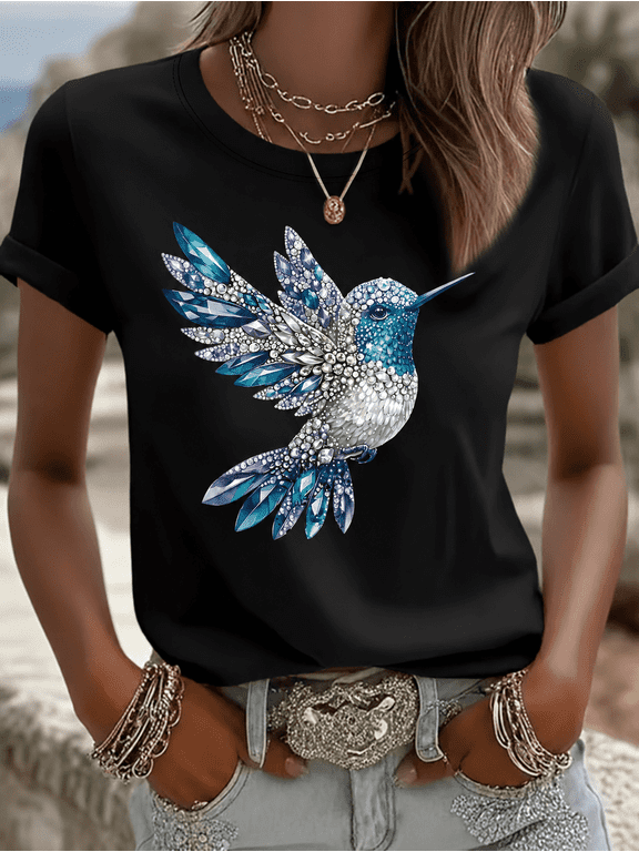 Hummingbird graphic print short-sleeve T-shirt; regular fit, crew neck; women's Spring/Summer fashion; casual outdoor top.