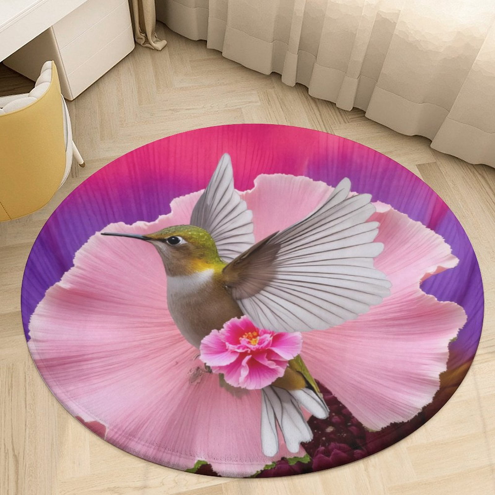 Round Hummingbird Rug Hummingbird in Pink Flower Round Area Rugs for Bedroom Living Room, 3FT ...