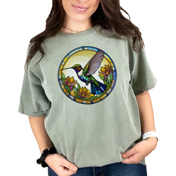 Hummingbird stained glass art T-shirt, vibrant bird design shirt, nature inspired tee, colorful bird apparel, floral bird print tee, Moss Comfort Colors T-Shirt, XL
