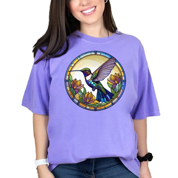 Hummingbird stained glass art T-shirt, vibrant bird design shirt, nature inspired tee, colorful bird apparel, floral bird print tee, Violet Comfort Colors T-Shirt, Medium