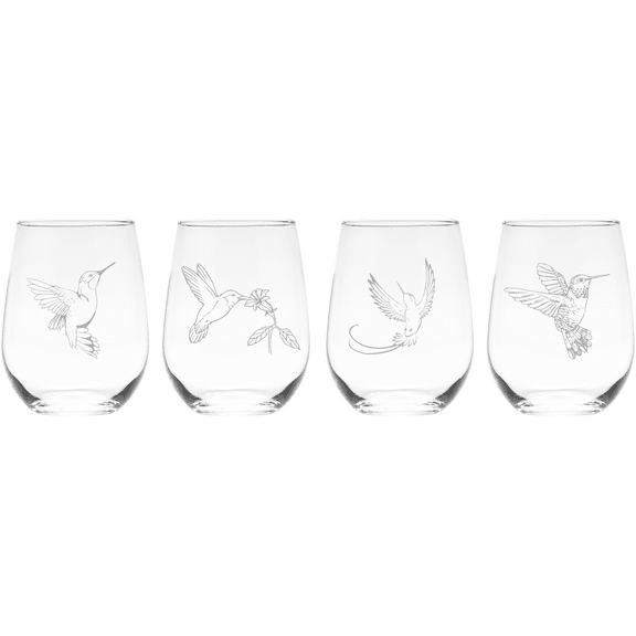C&M Personal Gifts Hummingbird 17 oz. Stemless Wine Glass Set 4 Pieces