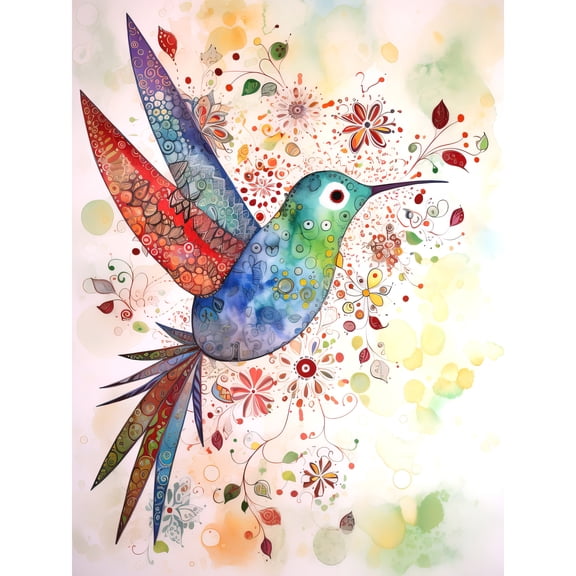 Hummingbird with Flower Patterns Folk Art Watercolour Painting Extra Large XL Wall Art Poster Print