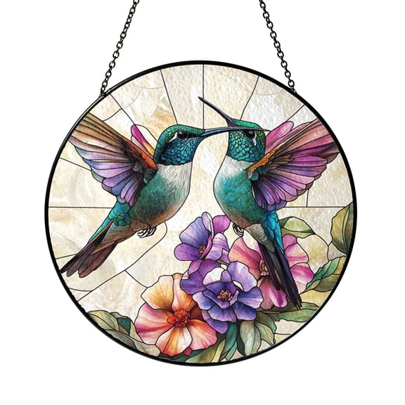 Hummingbird with Lavender Stained Glass Suncatcher Window Hanging, Nature Inspired Floral Decor