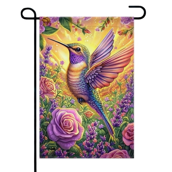 Hummingbird with Lavender and Blooming Flowers Garden Flags 12×18 Inch Double Sided Decorative Yard Banner Seasonal Flag for Outdoor Outside Decor