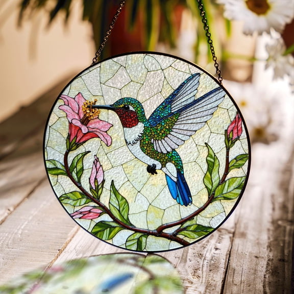 Hummingbird with Pink Lily Round Stained Glass Style Suncatcher, Nature Window Art Gift