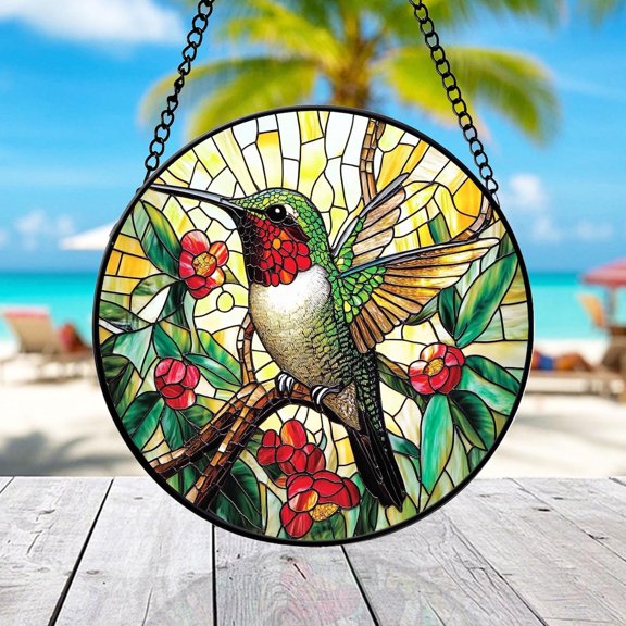 Hummingbirdandfloral Glass Suncatcher, Circular Mosaic Window Art, Bird Lover Decor, Suncatcher Window Hanging, 3.5 in
