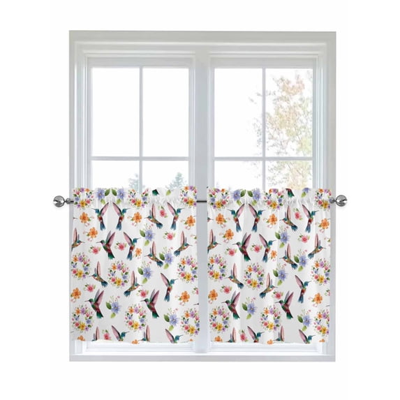 Hummingbirds 2 Panel Kitchen Curtains for Small Windows, Spring Watercolor Flowers Leaf Plant Bathroom Tier Curtain, Short Window Treatment for Bedroom/Living Room 55"x36"