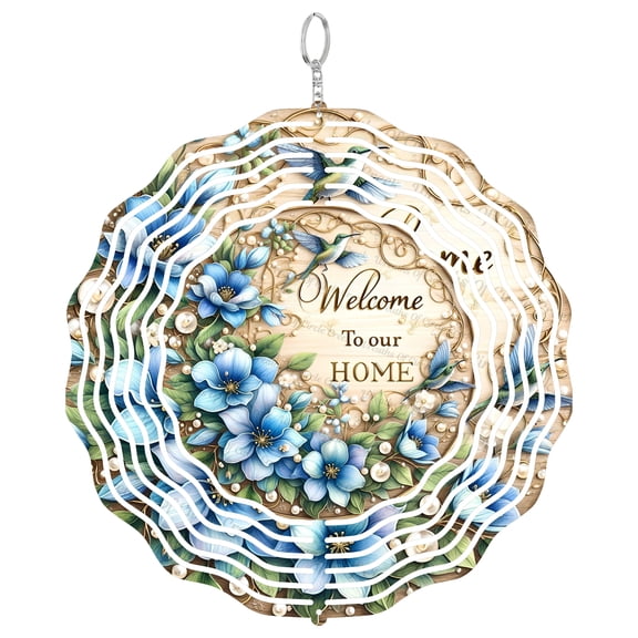 Hummingbirds Blue Florals Welcome To Our Home 3D Wind Spinner, UV Printed Tinplate Hanging Ornament, Garden Deco