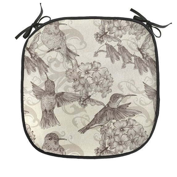 Hummingbirds Chair Seating Cushion, Birds and Flowers Monochromic Classical Design Nostalgia Ornate, Soft Seat Pads for Office with Anti-slip Backing, 16"x16", Cream Beige Brown, by Ambesonne