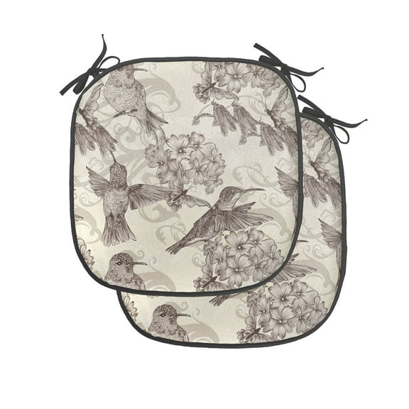 Hummingbirds Chair Seating Cushion Set of 2, Birds and Flowers Monochromic Classical Design Nostalgia Ornate, Seat Pads for Office with Anti-slip Backing, 16"x16", Cream Beige Brown, by Ambesonne