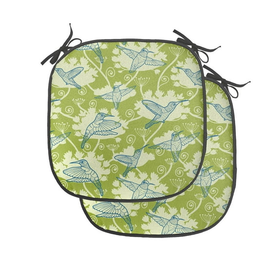 Hummingbirds Chair Seating Cushion Set of 2, Birds Pattern on Floral Background Springtime Garden Wings, Seat Pads for Office with Anti-slip Backing, 16"x16", Lime Green Blue Cream, by Ambesonne