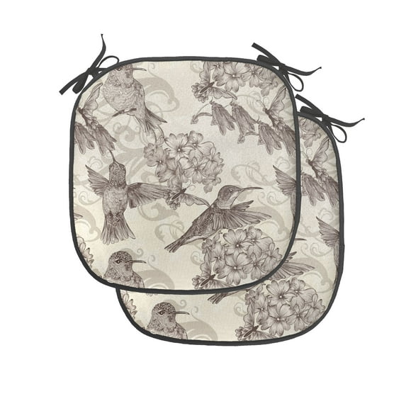 Hummingbirds Chair Seating Cushion Set of 4, Birds and Flowers Monochromic Classical Design Nostalgia Ornate, Seat Pads for Office with Anti-slip Backing, 16"x16", Cream Beige Brown, by Ambesonne
