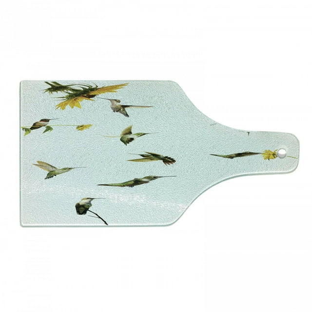 Hummingbirds Cutting Board, Illustration of Hummingbirds in Motion and at Rest Sunflowers Summer, Tempered Glass Cutting and Serving Board, Wine Bottle Shape, Green Yellow Beige, by Ambesonne
