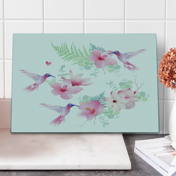 Hummingbirds Cutting Board, Tropical Summer Flying Avian Animal Theme Wild Nature Theme, Decorative Tempered Glass Cutting and Serving Board, Large Size, Pale Green and Pale Pink, by Ambesonne