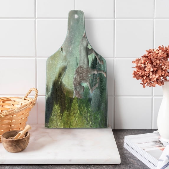 Hummingbirds Cutting Board, Unicorn Green Spring Leaves Birds Twinkling Star Moon Mystic Fantasy, Decorative Tempered Glass Cutting and Serving Board, Wine Bottle Shape, Multicolor, by Ambesonne