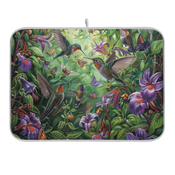 Hummingbirds Dance in Leaves Dish Drying Mat 16x18 Absorbent Microfiber Draining Rack Pad for Kitchen Counter Sink