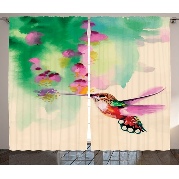 Ambesonne Nature Curtains 2 Panel Set, Colibri and Flowers, 108" x 84", Green Fuchsia